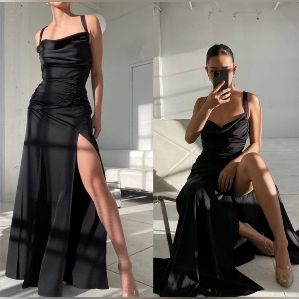 For love and lemons Willa Ruched Gown Maxi Dress in black size XS